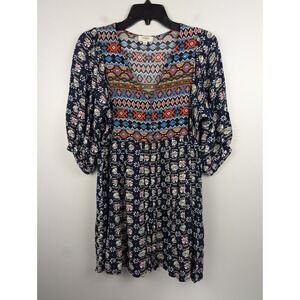 Umgee Women's Aztec S Baby Doll Tunic Dress V Neck 3/4‎ Sleeve Floral Navy Blue